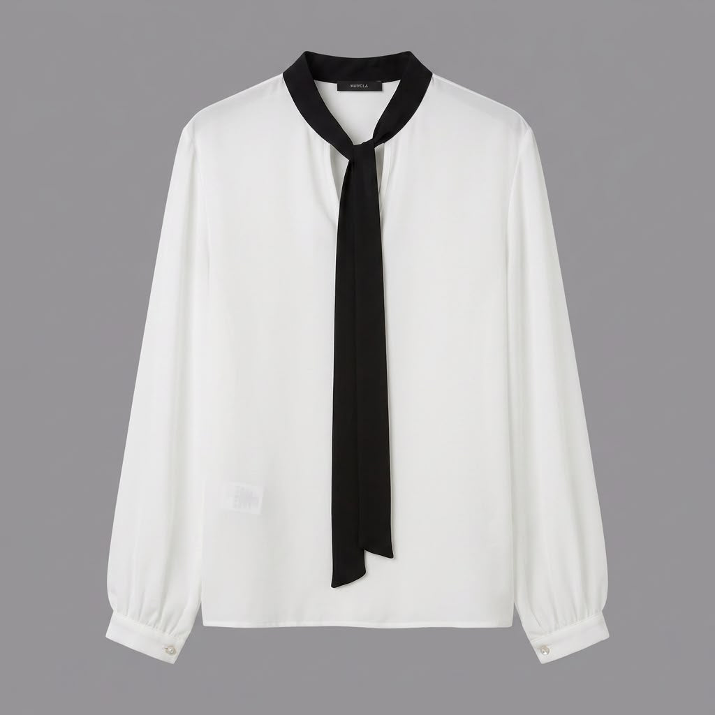 Blusa con Sciarpa Panna Bicolore