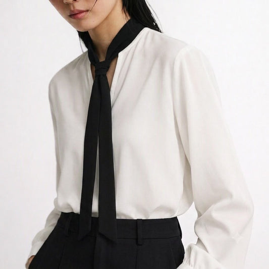 Blusa con Sciarpa Panna Bicolore