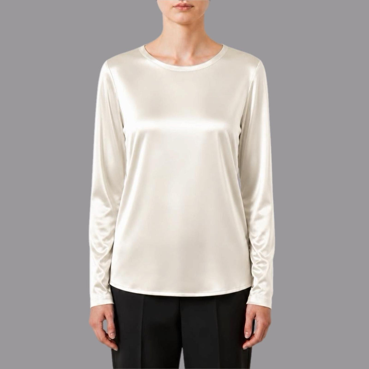 T-shirt Manica Lunga in Raso di Viscosa Elasticizzato Avorio