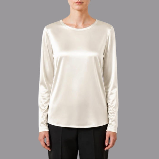 T-shirt Manica Lunga in Raso di Viscosa Elasticizzato Avorio