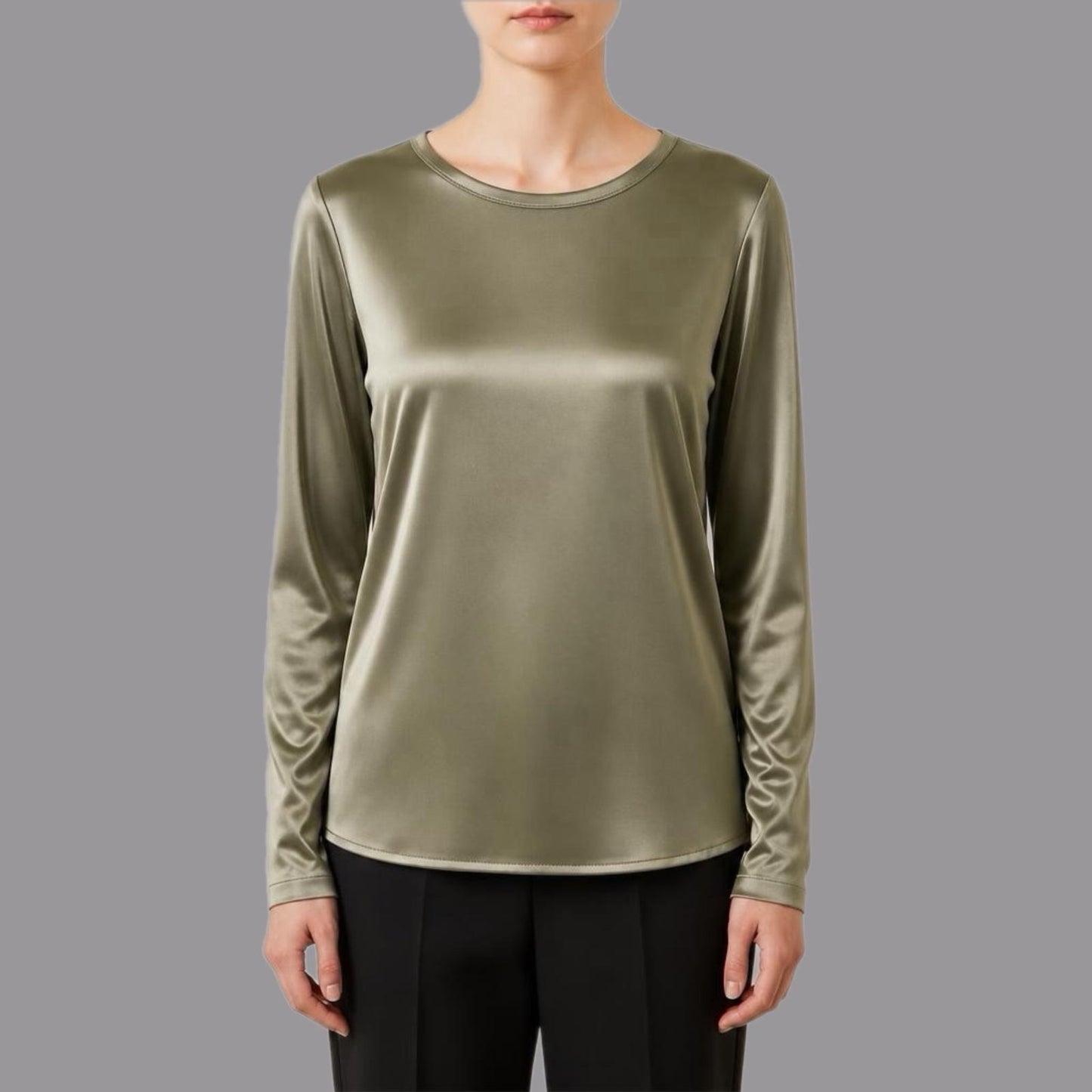 T-shirt Manica Lunga in Raso di Viscosa Elasticizzato Verde Militare