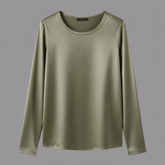 T-shirt Manica Lunga in Raso di Viscosa Elasticizzato Verde Militare