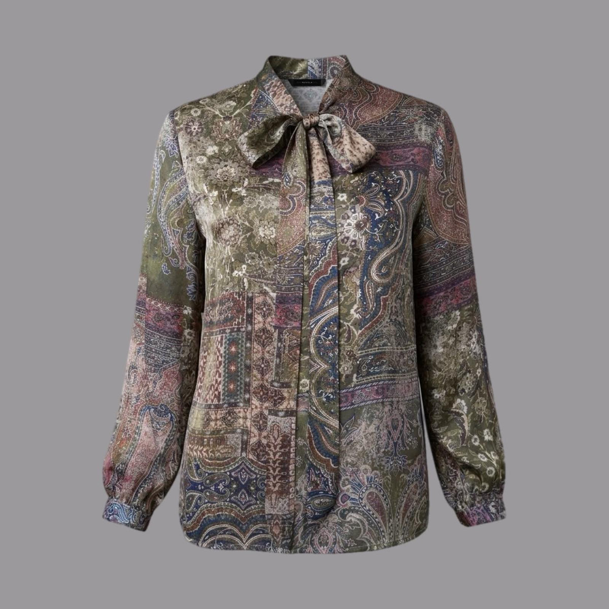 Military Patchwork Print Scarf Blouse