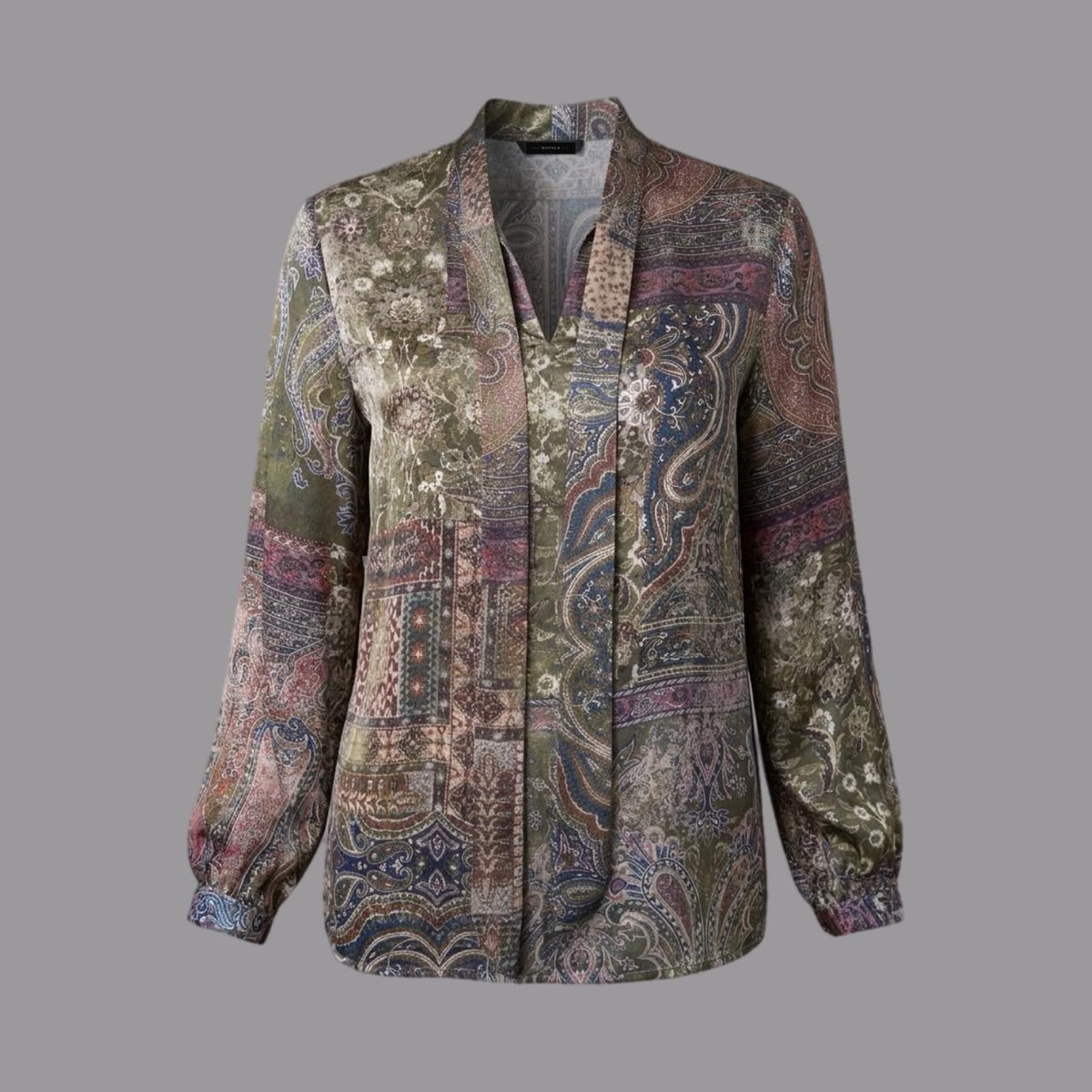 Military Patchwork Print Scarf Blouse