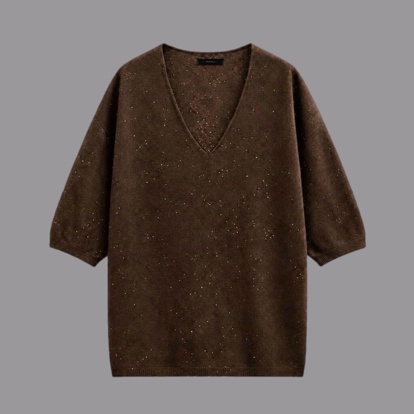 Maglia Scollo a V Con Paillettes Cioccolato