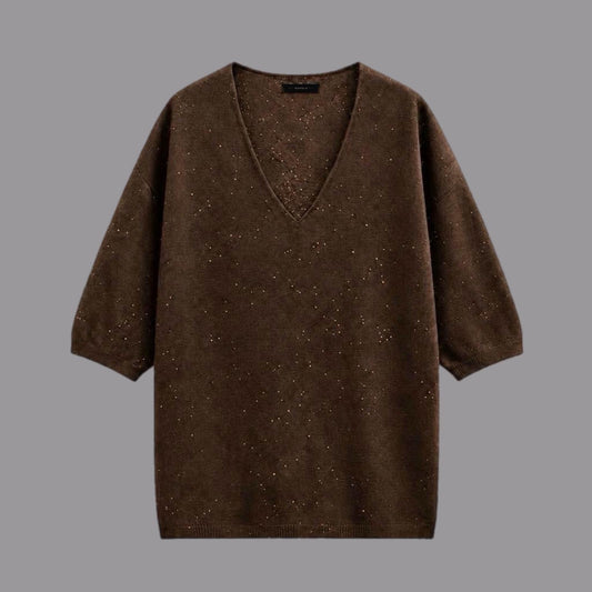 Maglia Scollo a V Con Paillettes Cioccolato