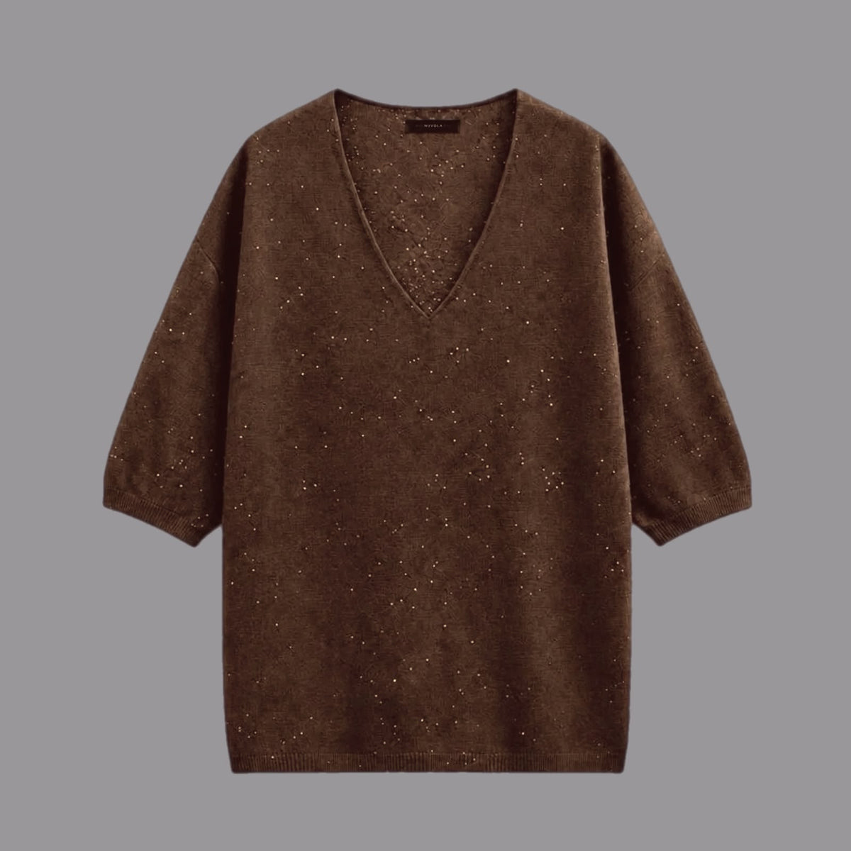 Maglia Scollo a V Con Paillettes Cioccolato