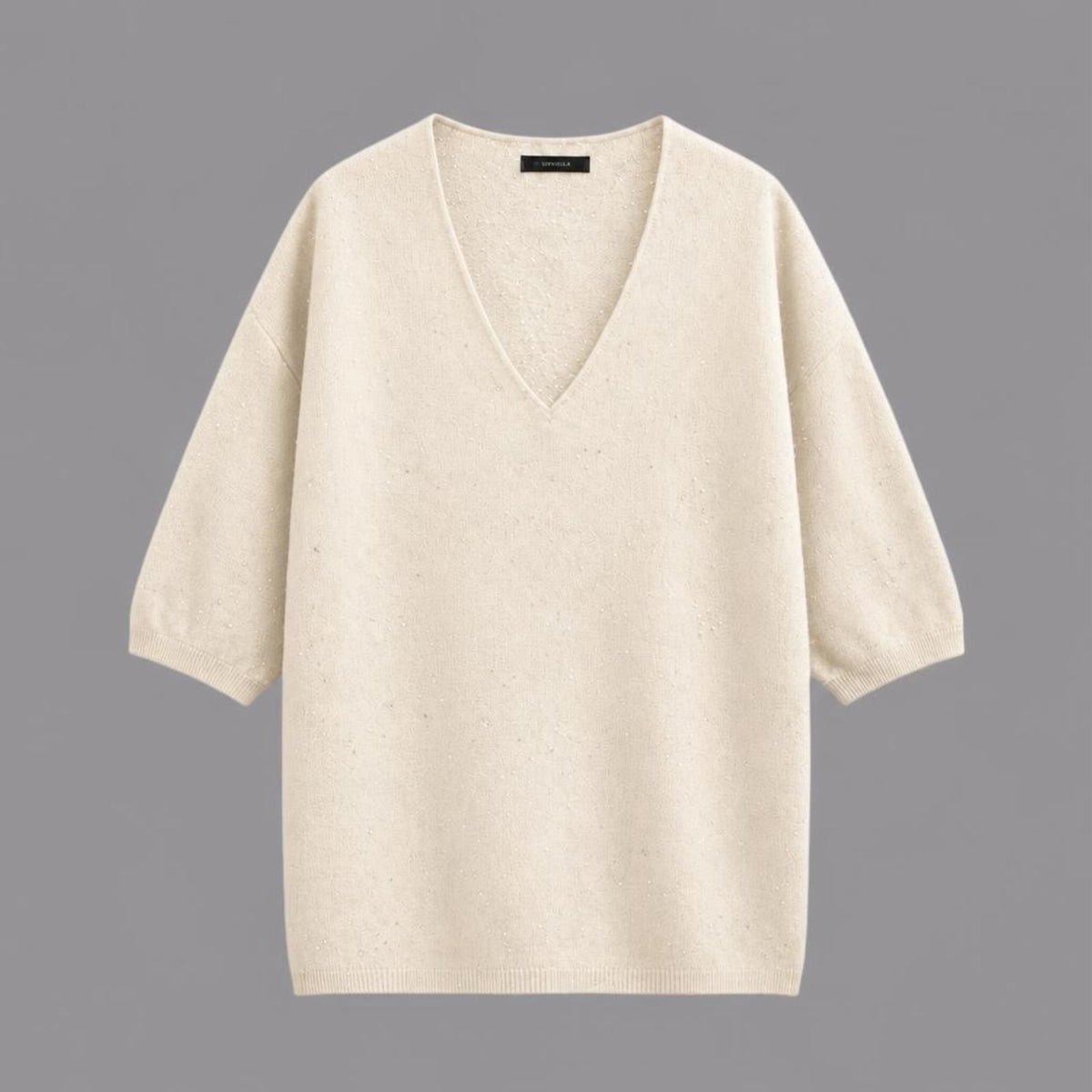 Maglia Scollo a V Con Paillettes Panna