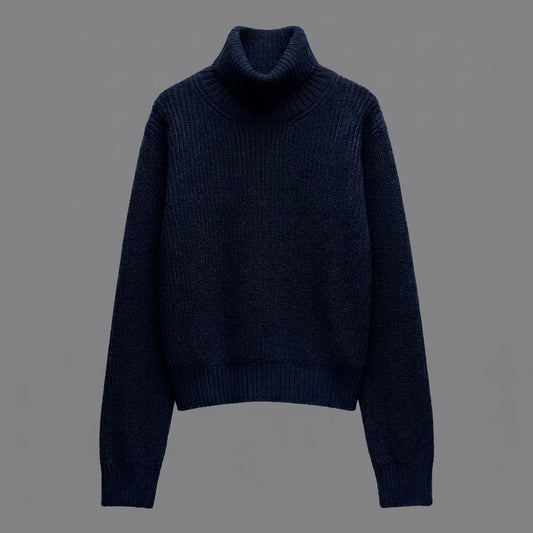 Collo Alto a Coste in Misto Lana Cachemire Blu