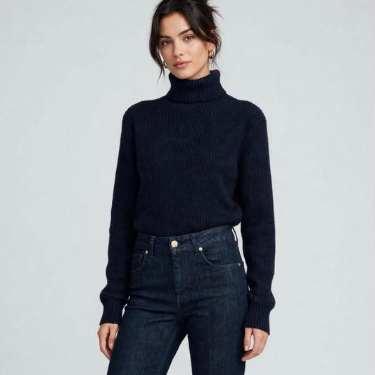 Collo Alto a Coste in Misto Lana Cachemire Blu