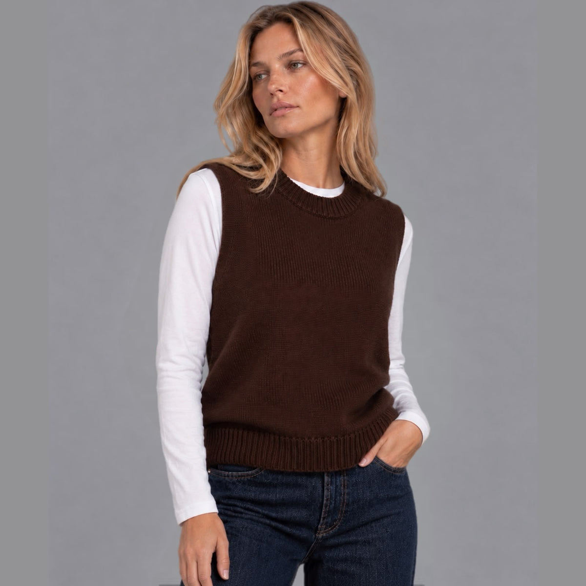 Gilet Scollo Girocollo il Misto Lana Cachemire Cioccolato