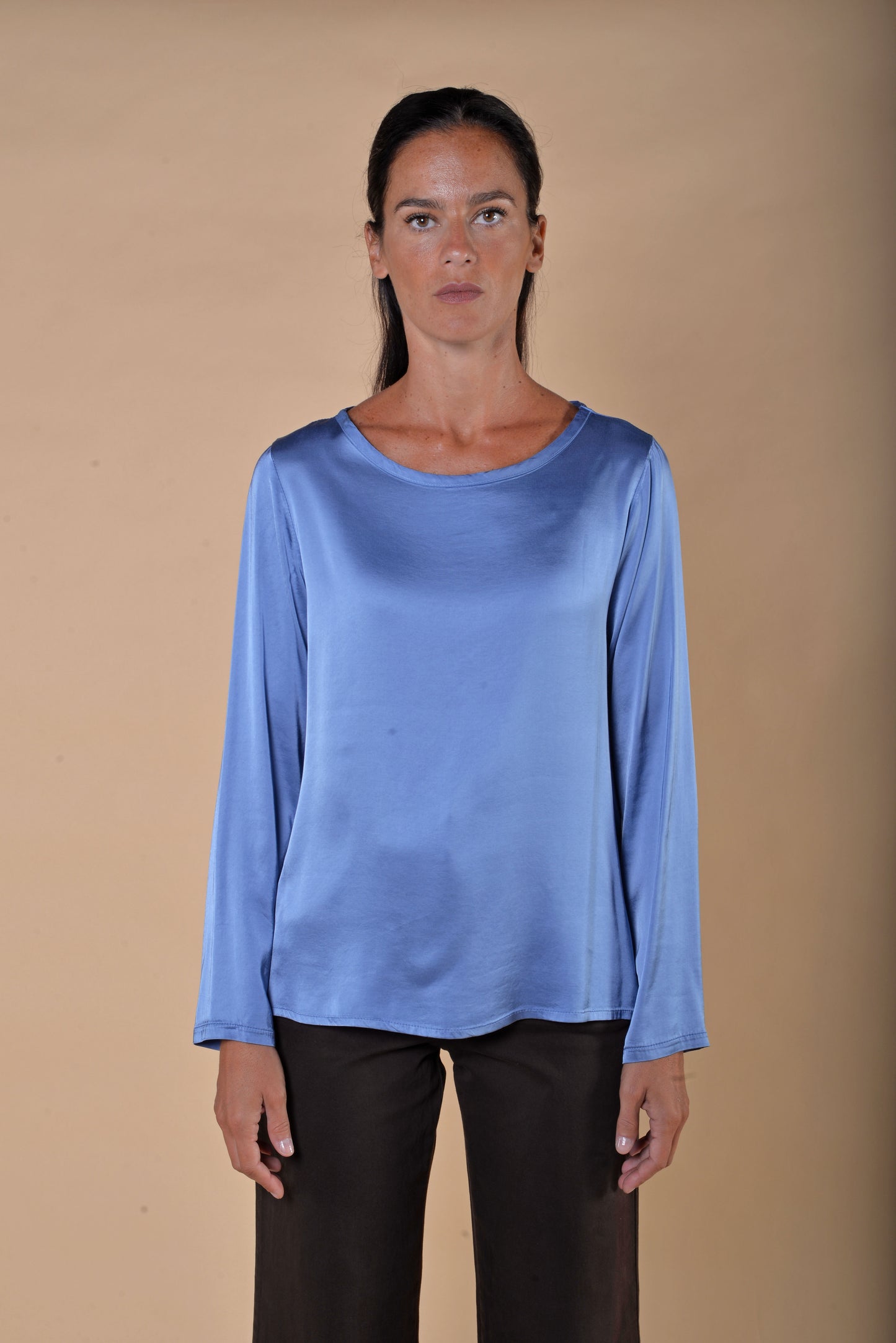 T-shirt Manica Lunga in Raso di Viscosa Elasticizzato Pervinca