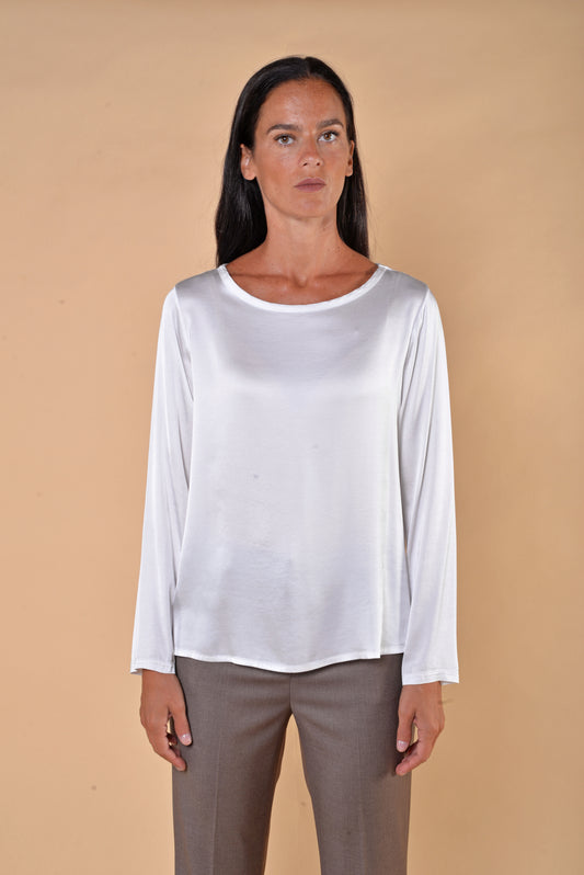 T-shirt Manica Lunga in Raso di Viscosa Elasticizzato Panna