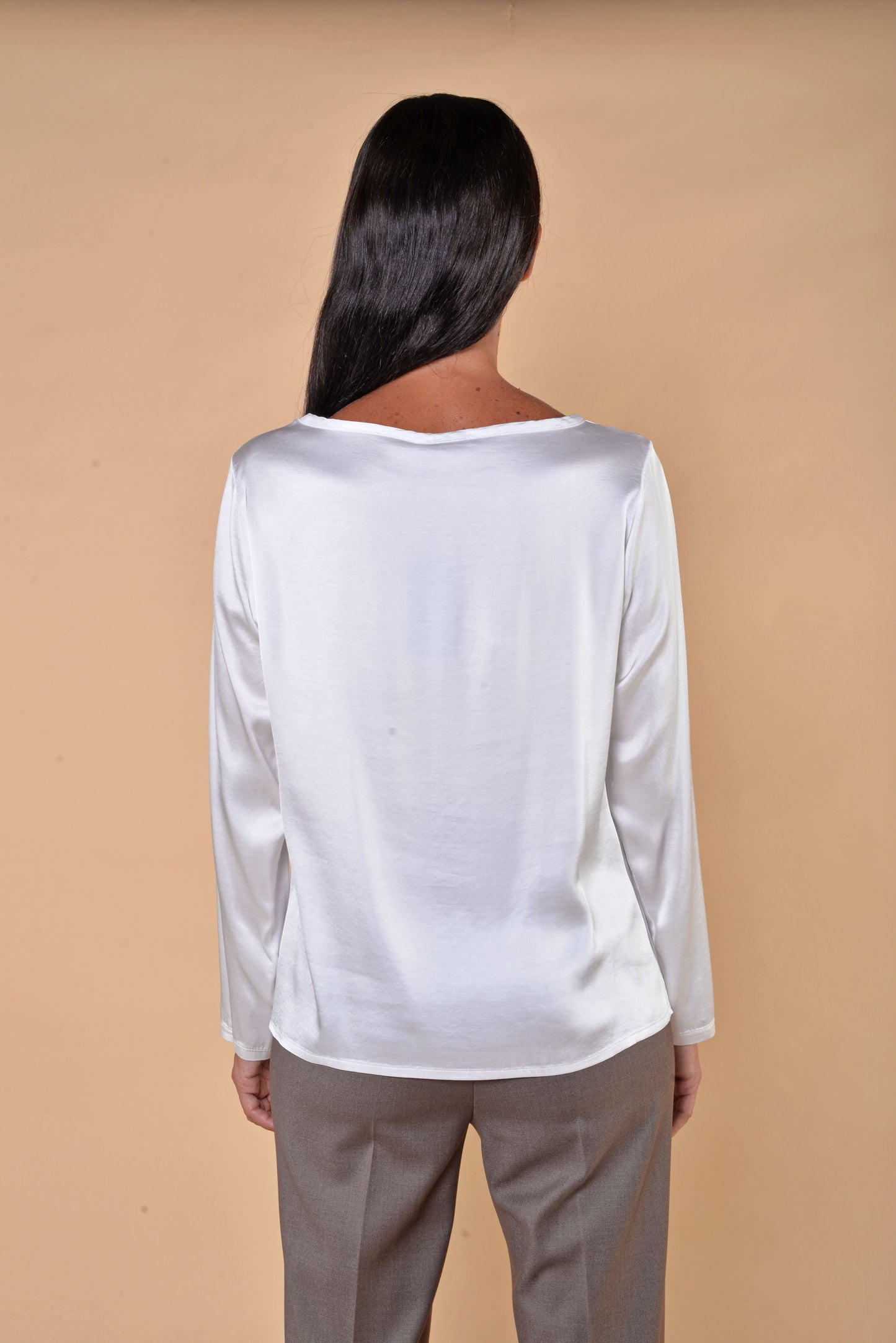 T-shirt Manica Lunga in Raso di Viscosa Elasticizzato Panna