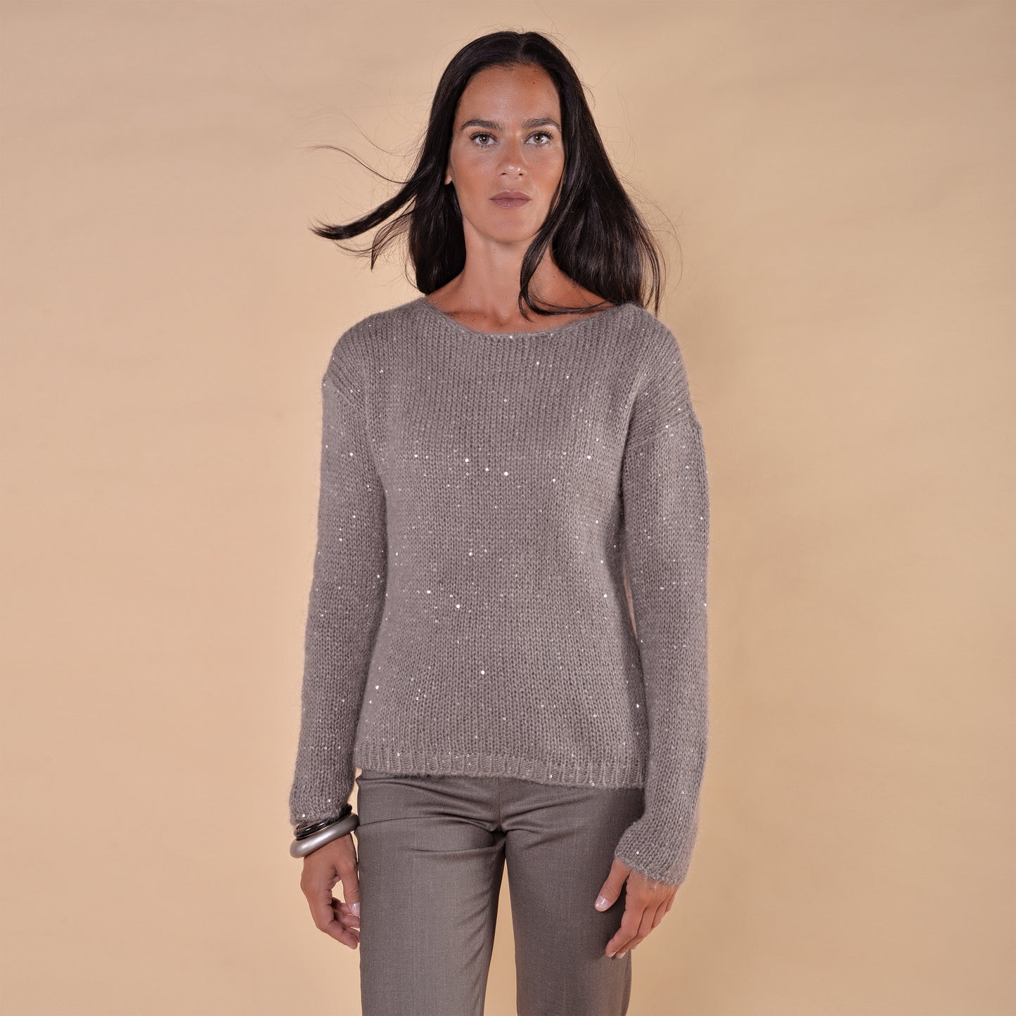 Maglia in Mohair con Paillettes Tortora