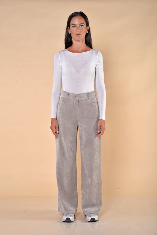 Pantaloni Gamba Larga in Velluto a Coste Tortora