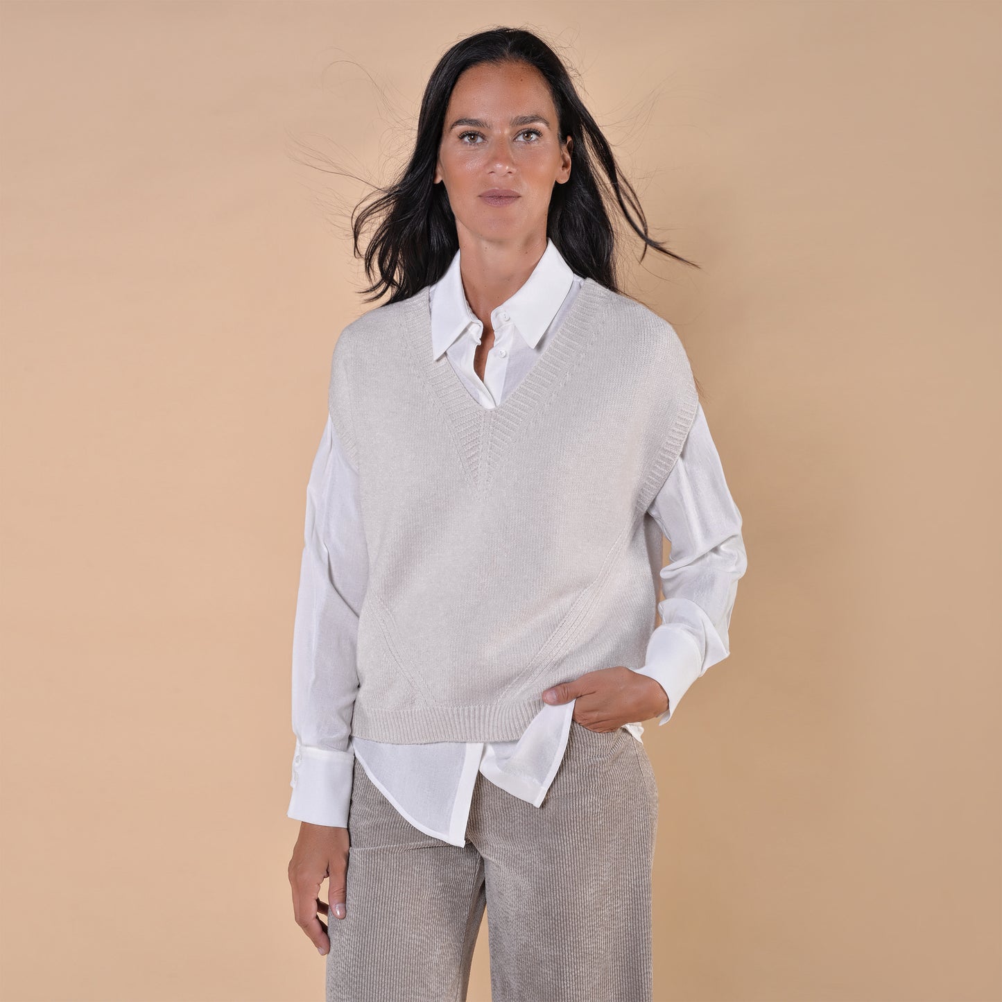 Camicia in Garza con Tasche Panna