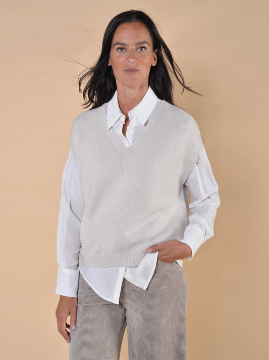 Gilet in Maglia di Viscosa Elasticizzata Avorio