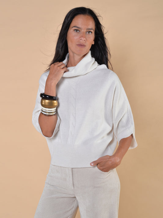 Maglia in Misto Lana Collo Ciambella con Treccia Panna