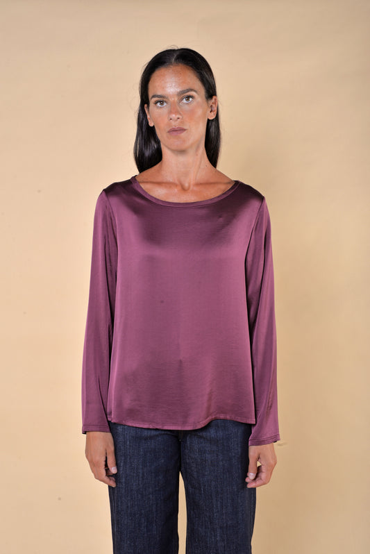 T-shirt Manica Lunga in Raso di Viscosa Elasticizzato Bordeaux