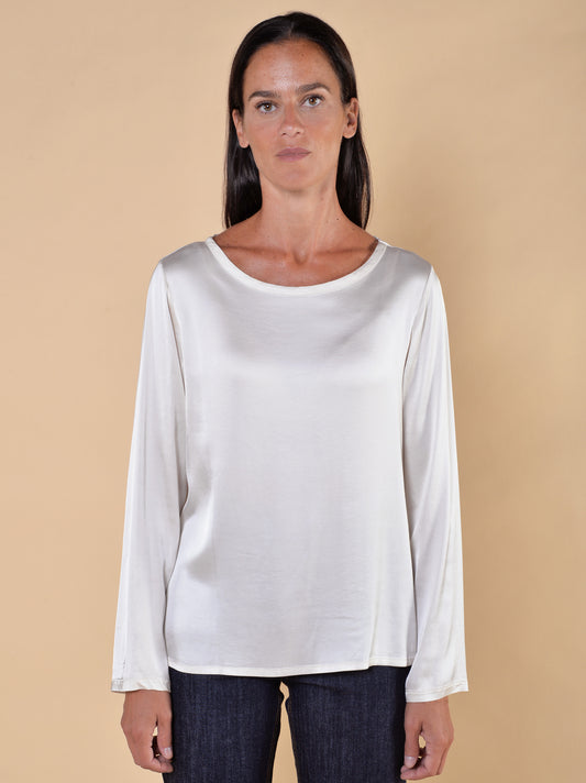 T-shirt Manica Lunga in Raso di Viscosa Elasticizzato Avorio
