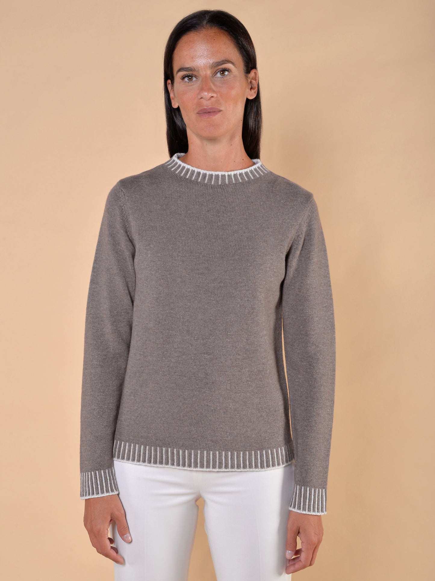 Maglia a Coste Bicolori Noce/Panna