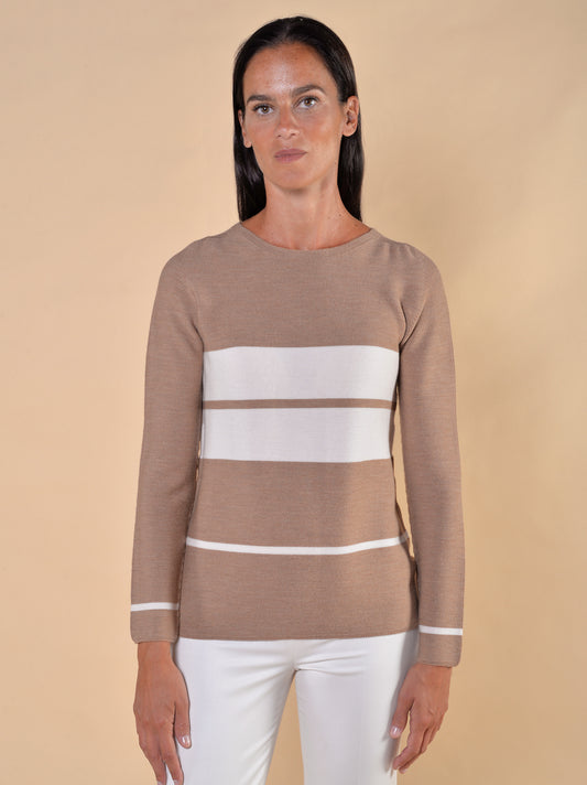 Girocollo in Lana Links Rigato Cammello/Panna