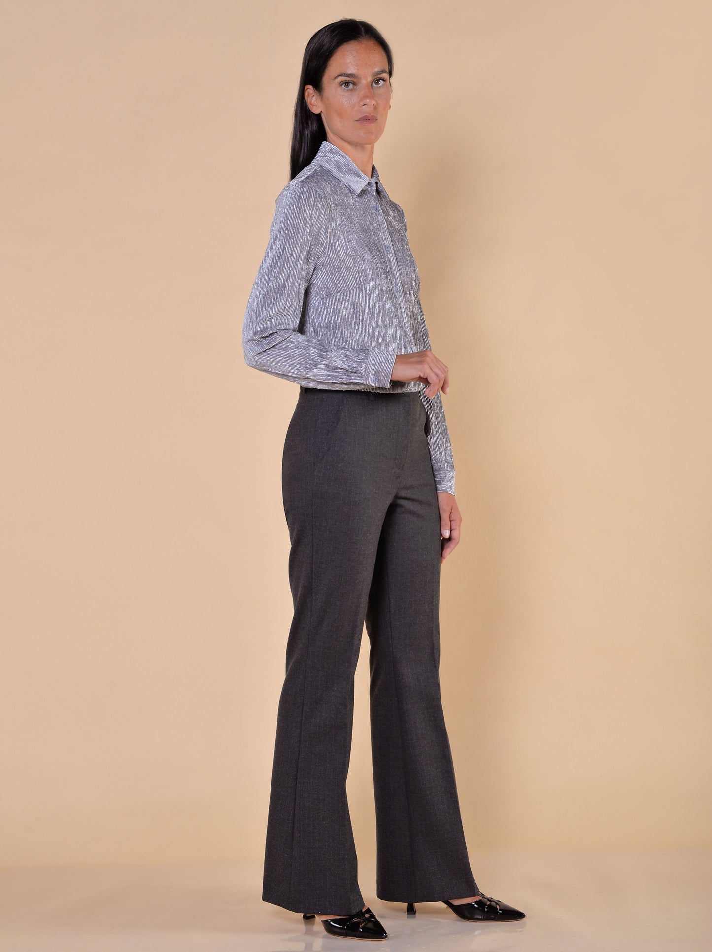 Pantaloni a Zampa in Gessato Antracite