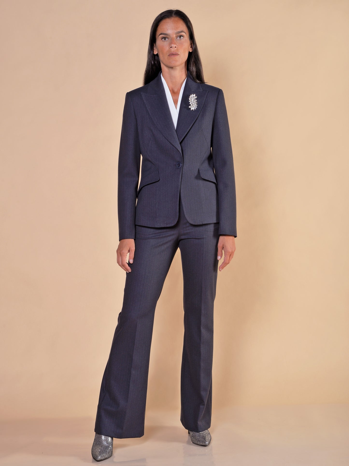 Pantaloni a Zampa in Gessato Blu