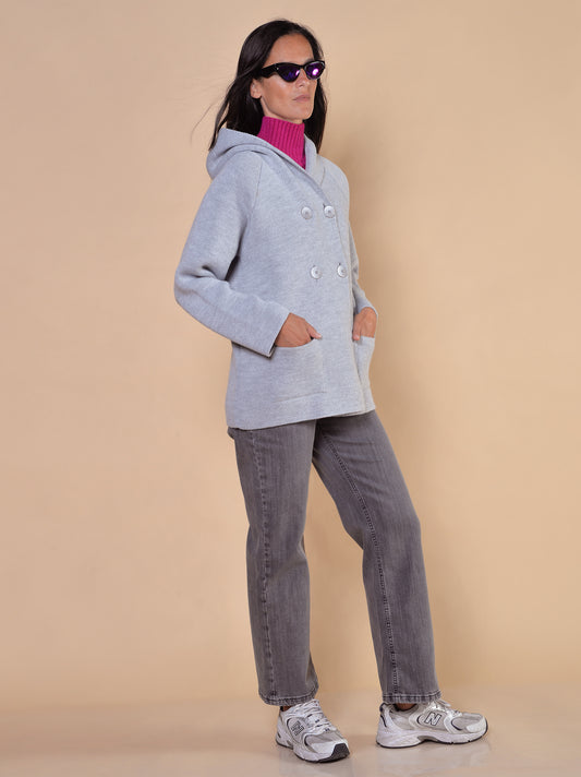 Giaccone in Maglia con Cappuccio Grigio