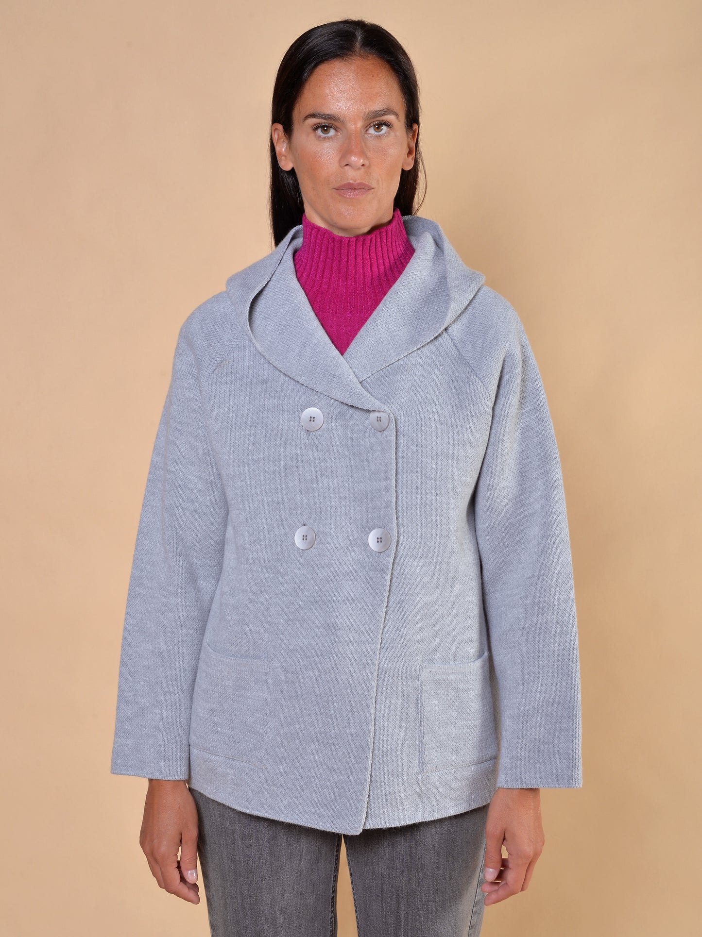 Giaccone in Maglia con Cappuccio Grigio