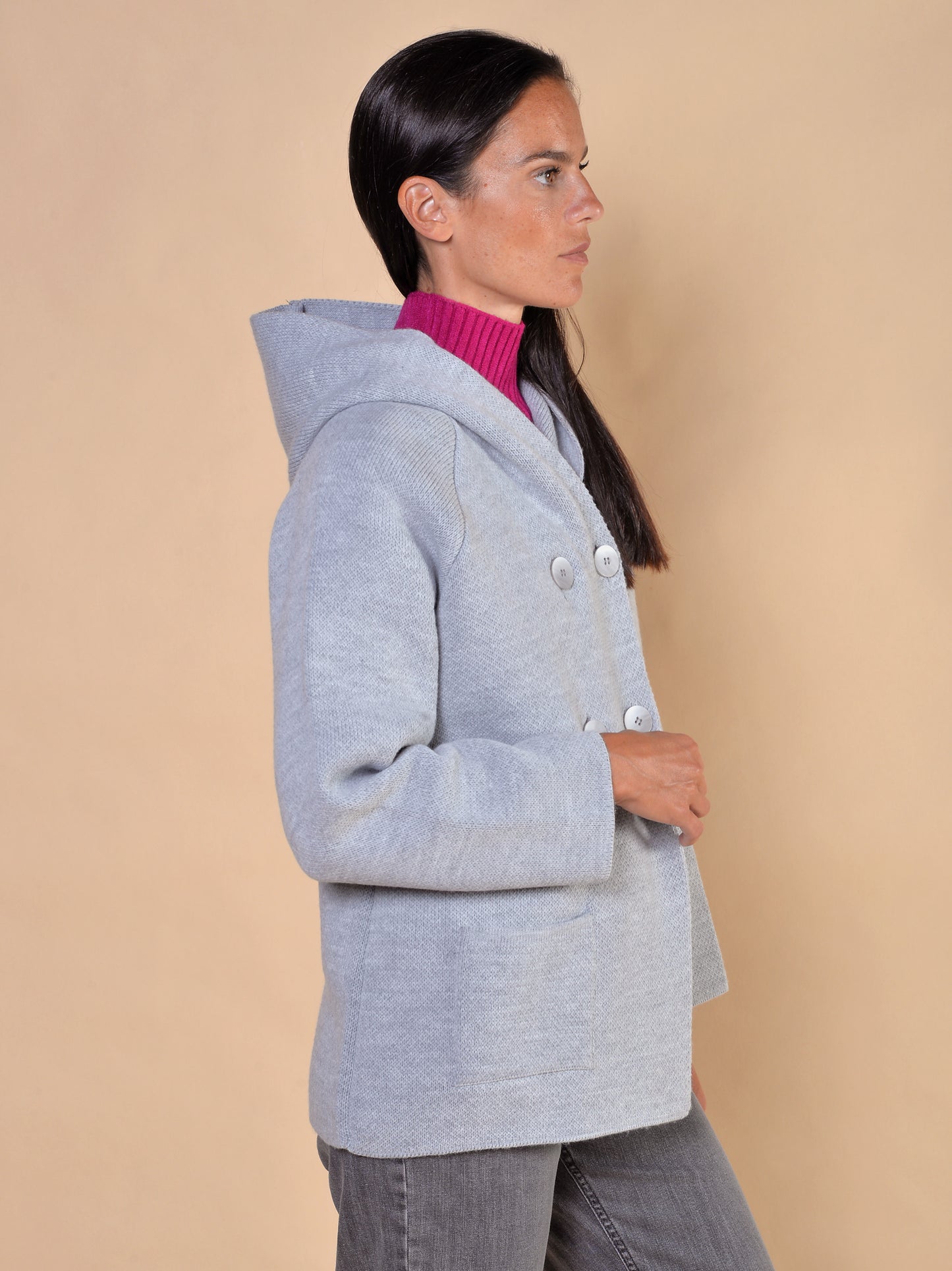 Giaccone in Maglia con Cappuccio Grigio