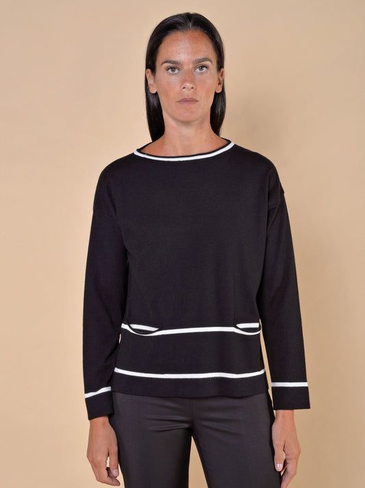 Maglia con Righe e con Tasche Nero/Panna