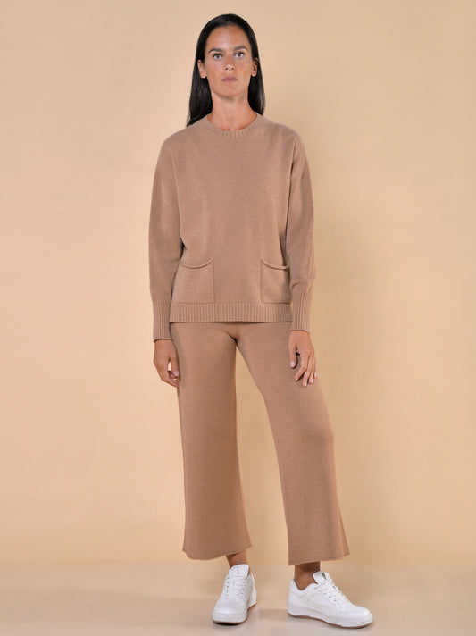 Maglia Girocollo Con Tasche Cammello