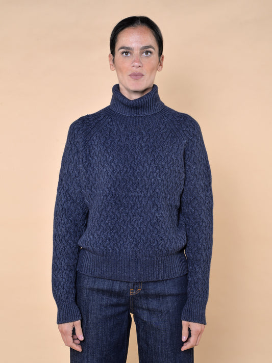 Collo Alto con Trecce Misto Cachemire Blu Denim