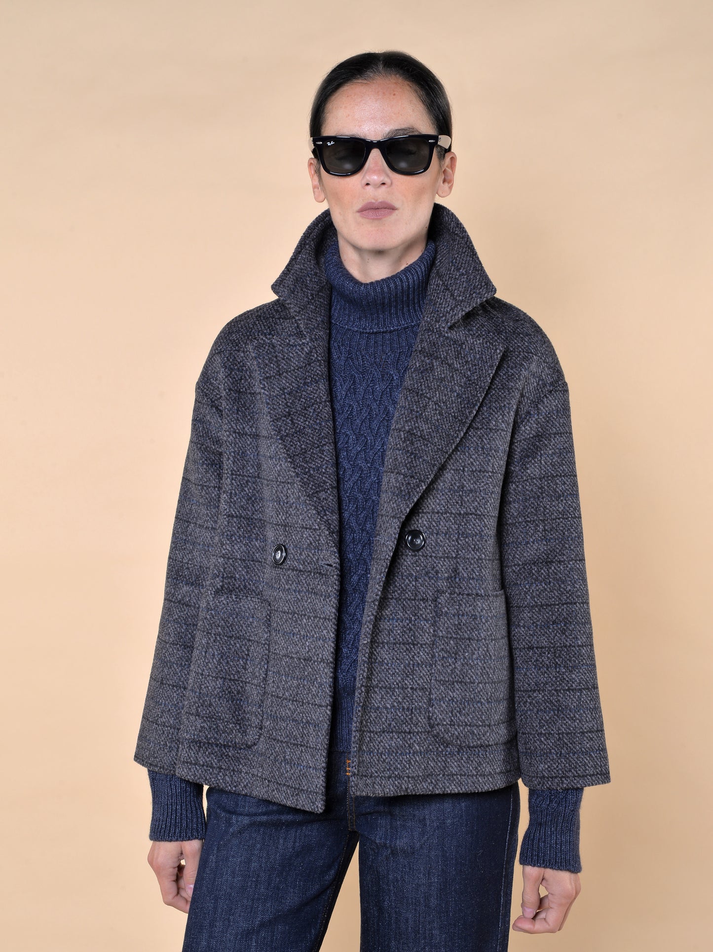 Collo Alto con Trecce Misto Cachemire Blu Denim