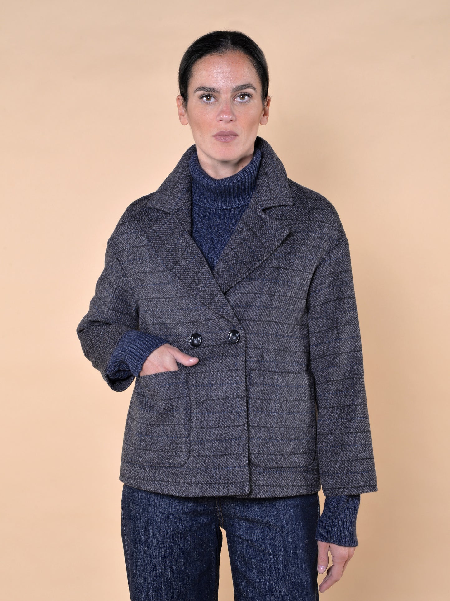 Cappa Doppiopetto Fantasia Quadro Grigio