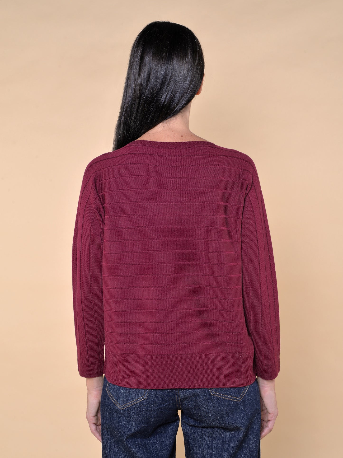 Maglia in Pura Lana Vergine a Coste Orizzontali Bordeaux