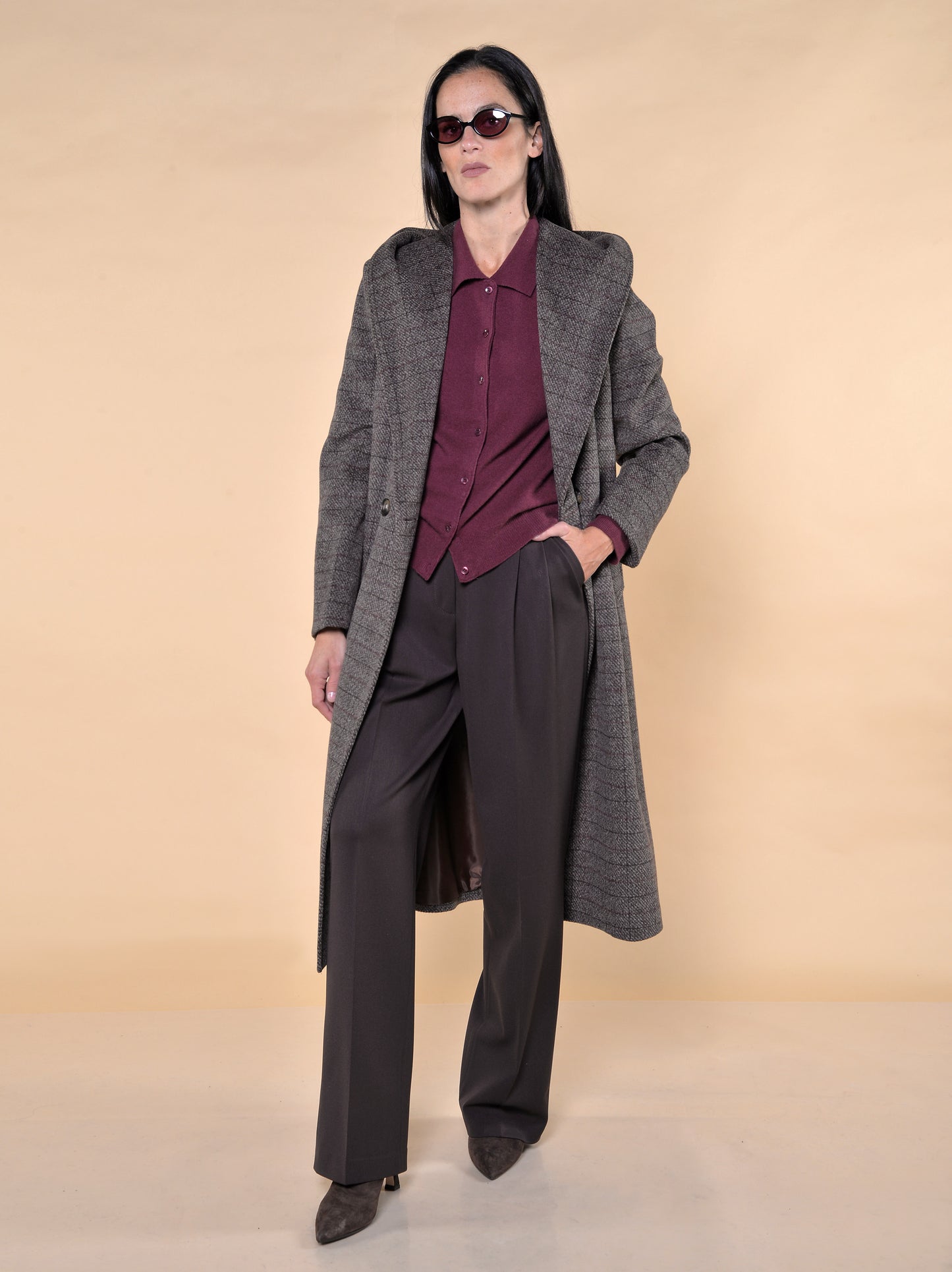 Cappotto Lungo Con Cappuccio Fantasia Quadro Bordeaux
