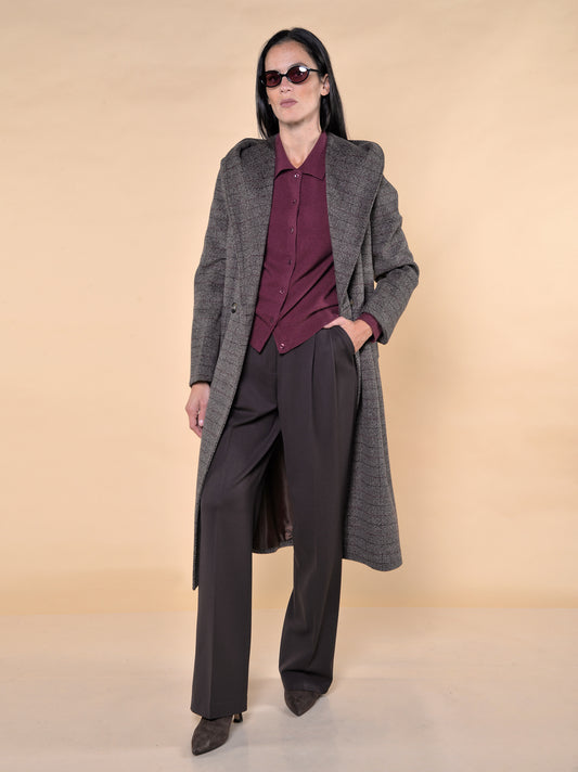 Cappotto Lungo Con Cappuccio Fantasia Quadro Bordeaux