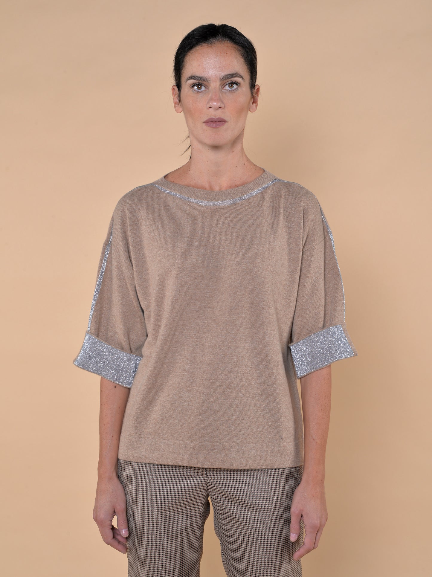 Maglia in Misto Lana Cammello e Lurex Argento
