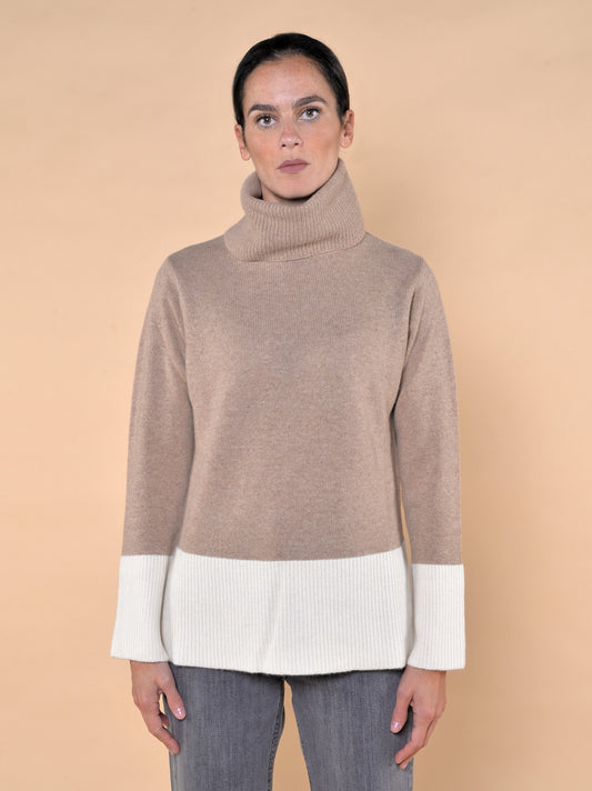 Maglia Misto Lana Collo a Ciambella Bicolore Cammello Panna