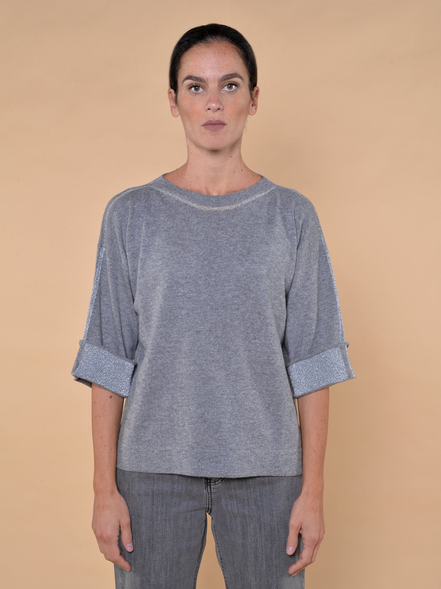 Maglia in Misto Lana Grigio e Lurex Argento