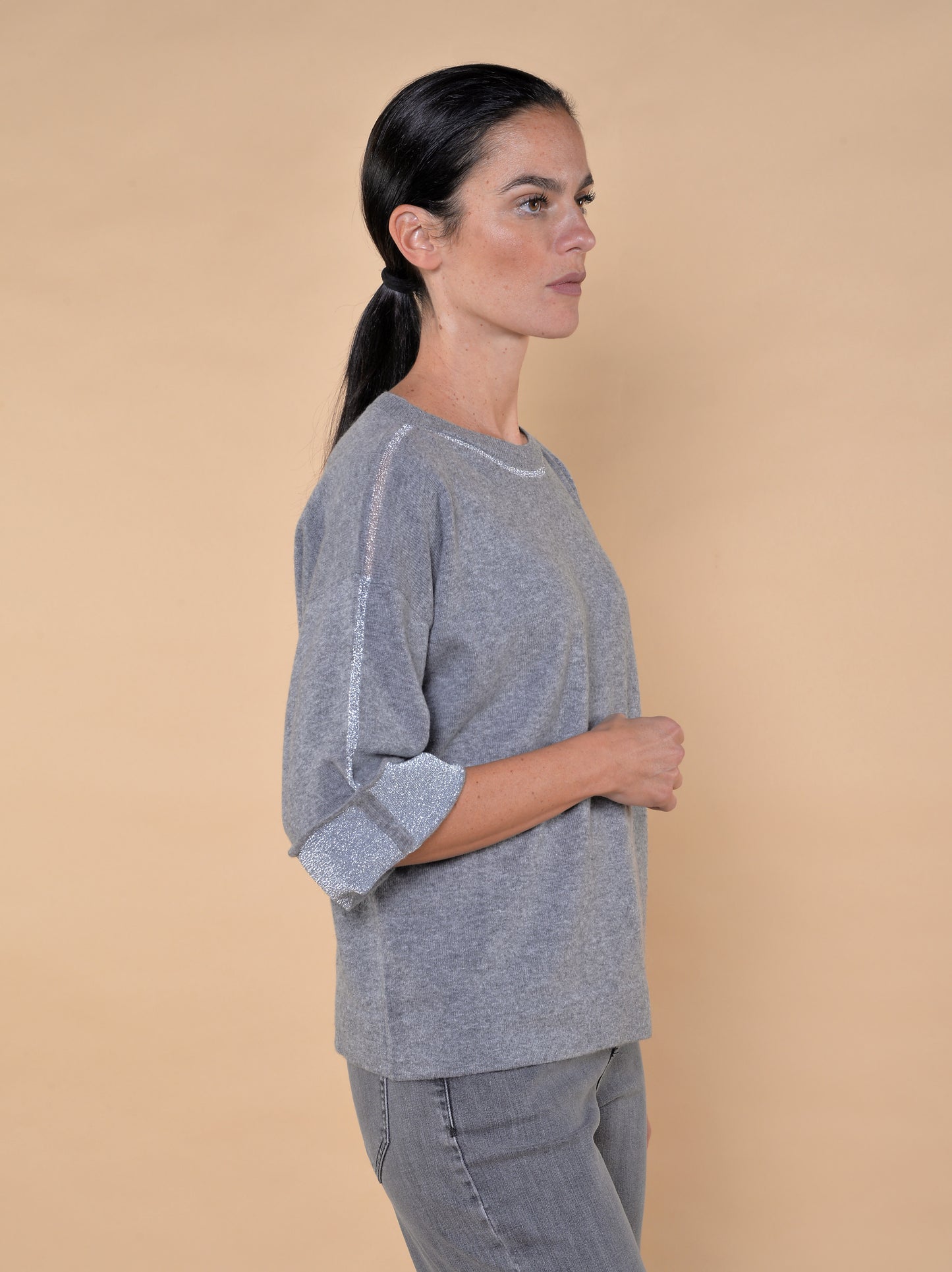Maglia in Misto Lana Grigio e Lurex Argento