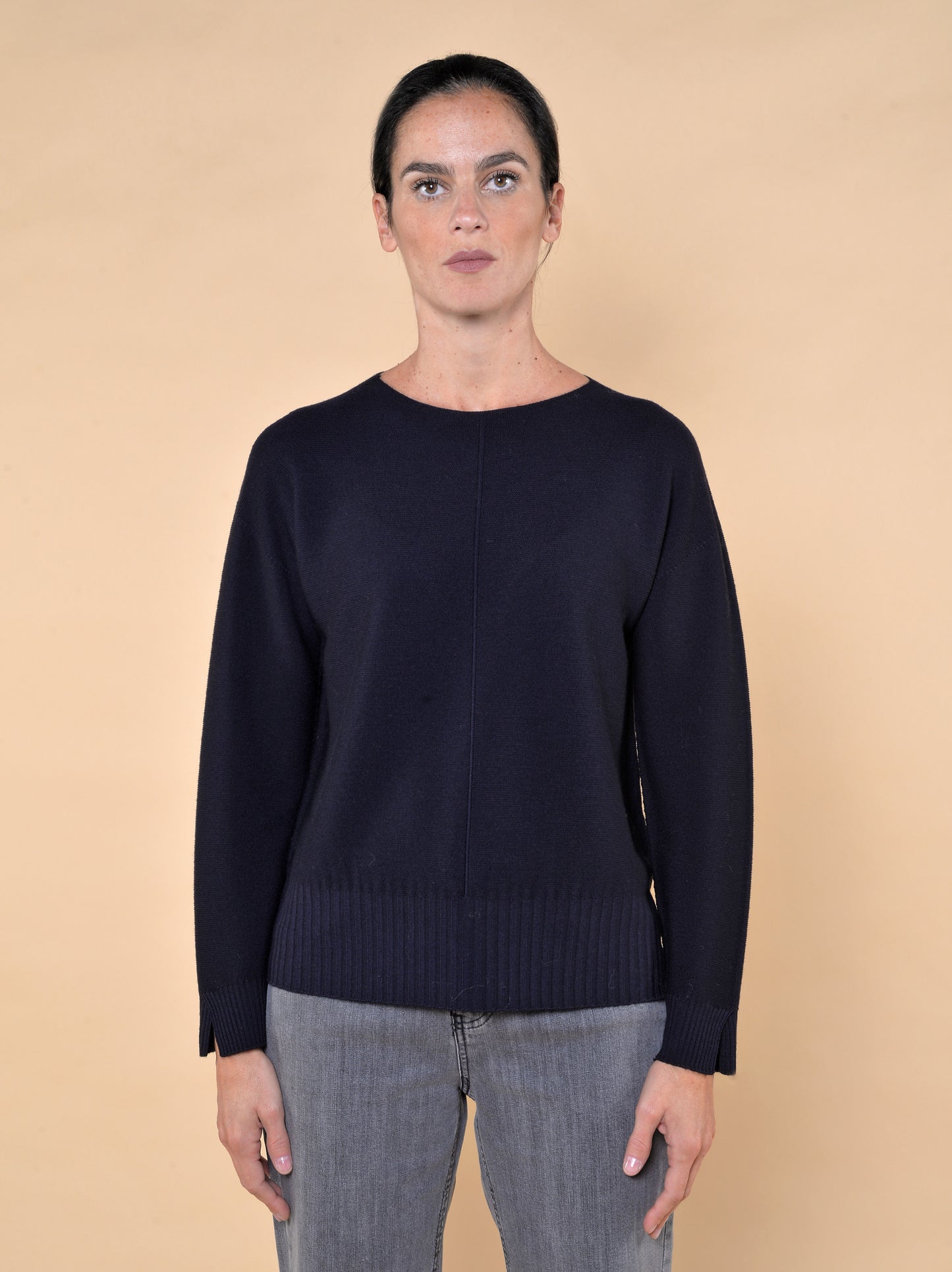 Maglia in Lana Blu Girocollo con Spacchetti sulla Manica