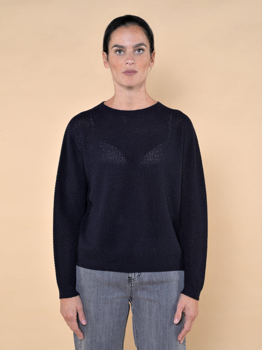 Maglia a Rete in Lana Blu Girocollo