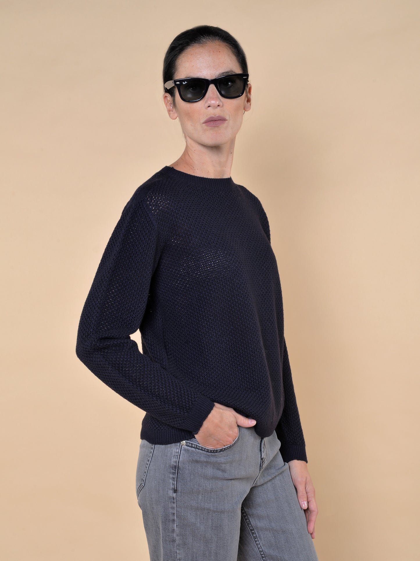 Maglia a Rete in Lana Blu Girocollo