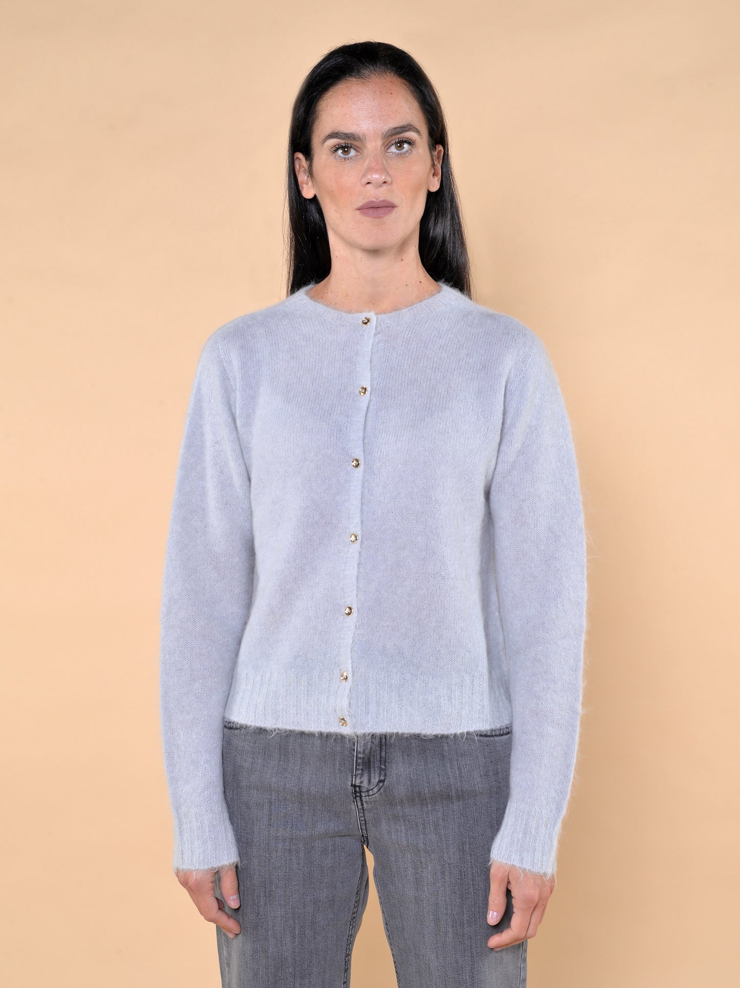 Cardigan in Misto Alpaca Perla con Bottoni Oro