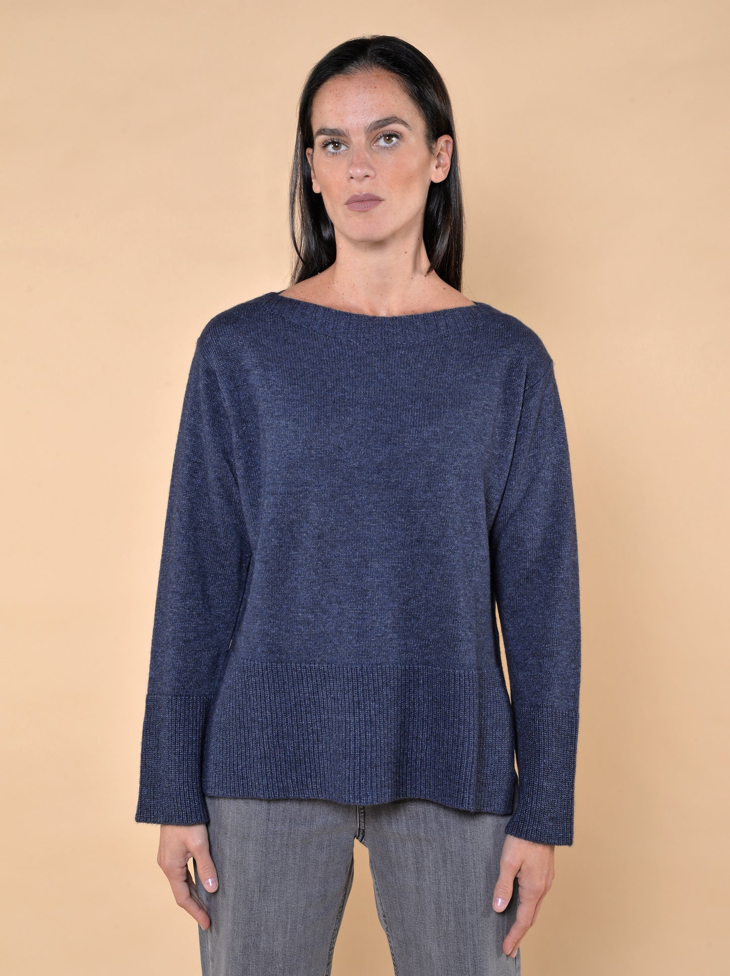 Maglia Scollo a Barca Misto Lana Blu Denim