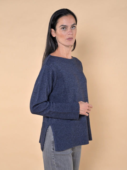 Maglia Scollo a Barca Misto Lana Blu Denim